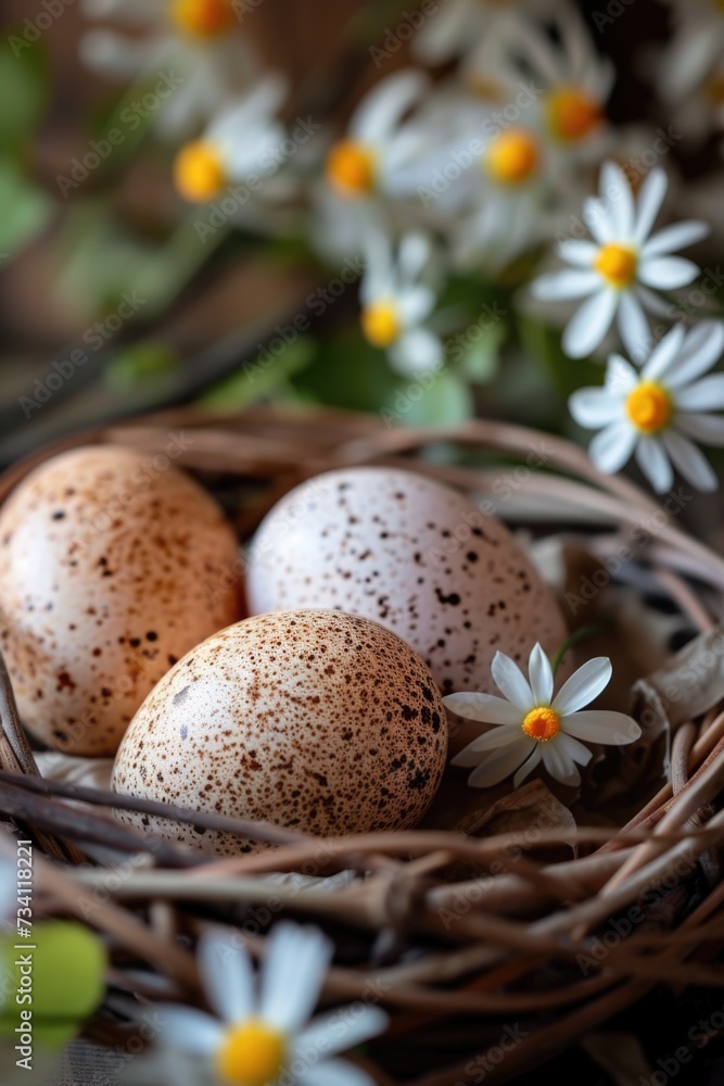 Poster Three eggs in a nest with a beautiful floral background. Perfect for springtime or Easter-themed projects