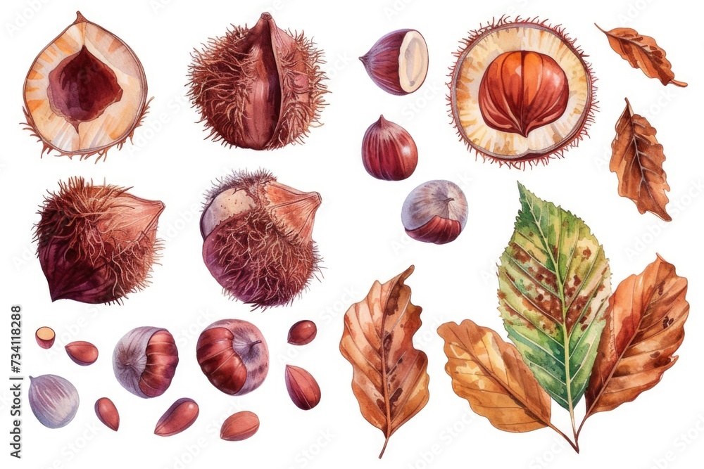 Poster painting of nuts and leaves on a white background. suitable for various design projects