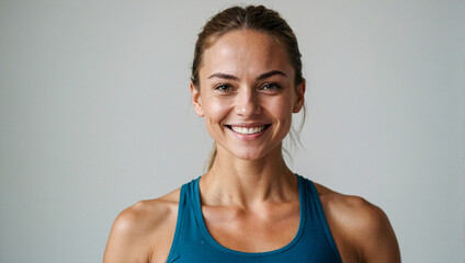 Fototapeta na wymiar woman wearing gym clothes stands confident smiling while looking at the camera on a clean background