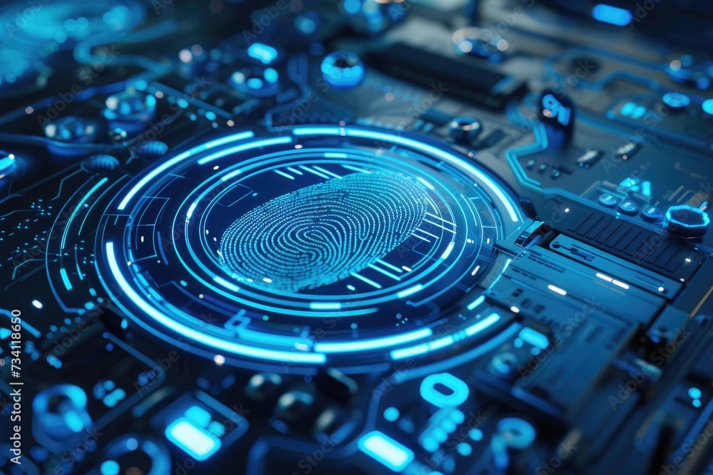 Poster Close-up view of a fingerprint on a circuit board. Suitable for technology and cybersecurity concepts