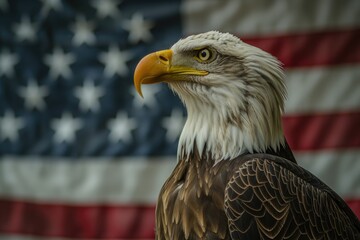 Majestic bald eagle standing proudly in front of the iconic American flag. Perfect for patriotic designs and national pride-themed projects