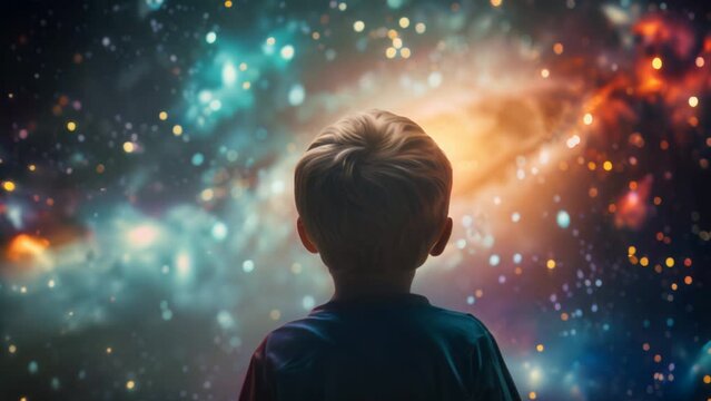 Little boy looks curiously at stars in night sky, marveling at their brilliance. Back view of a child watching a colorful galaxy