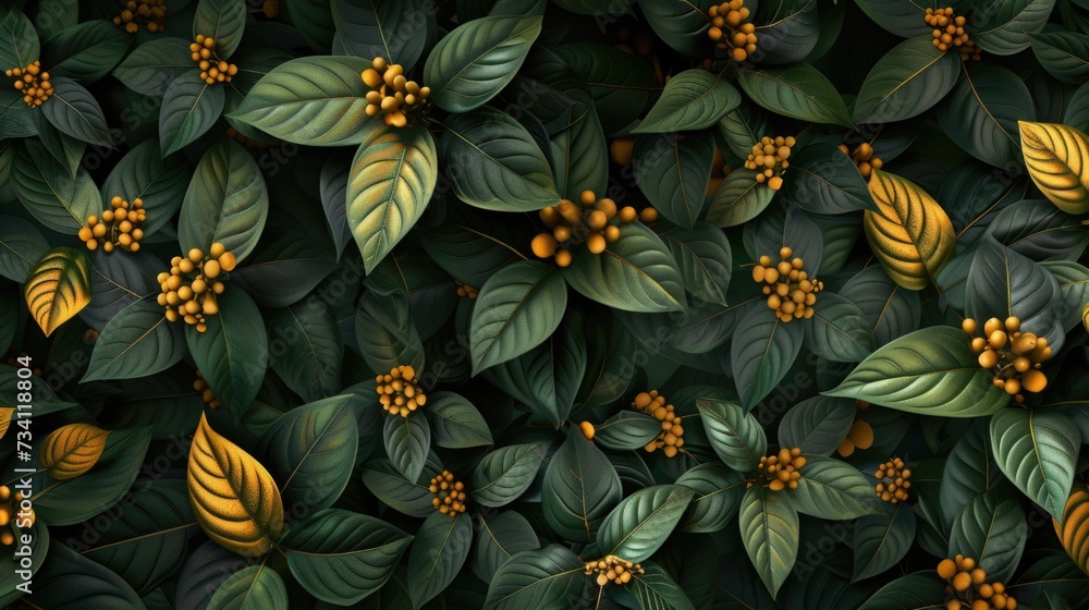 Poster a collection of vibrant green leaves and yellow berries. perfect for adding a touch of nature to any