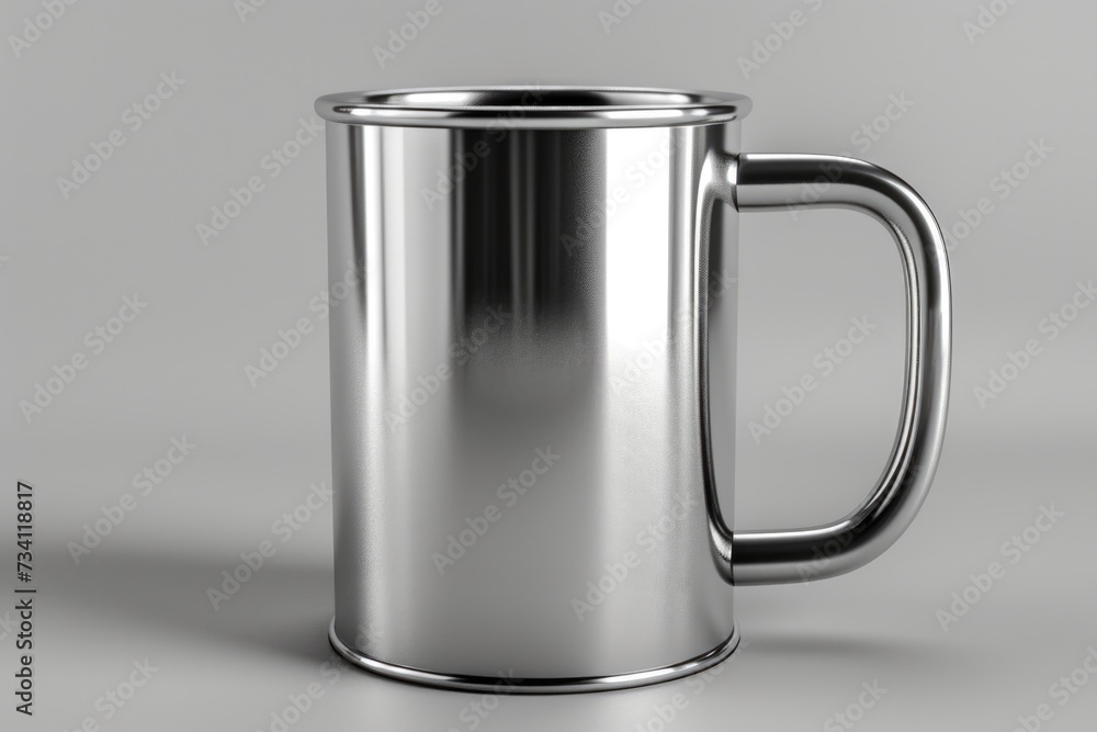 Poster stainless steel mug with a handle placed on a table. suitable for various uses