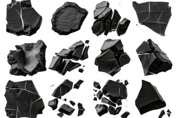 A collection of black marble pieces arranged on a clean white surface. Perfect for design projects or architectural concepts