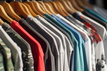 A rack of colorful shirts hanging on a clothes rack. Suitable for fashion and retail concepts