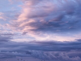 view of the sky in cumulus clouds at sunset in violet-lilac color.
