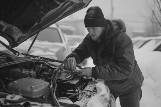 A man is seen working on a car engine in the snow. This image can be used to depict winter car maintenance or a breakdown in cold weather