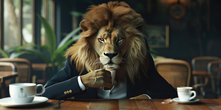 A man dressed as a lion enjoying a cup of coffee. This image can be used to depict humor, creativity, or a unique morning routine