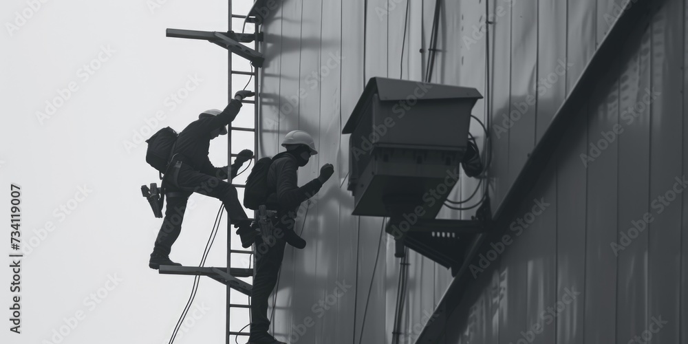 Aufkleber a man is seen on a ladder, diligently working on a building. this image can be used to depict constr