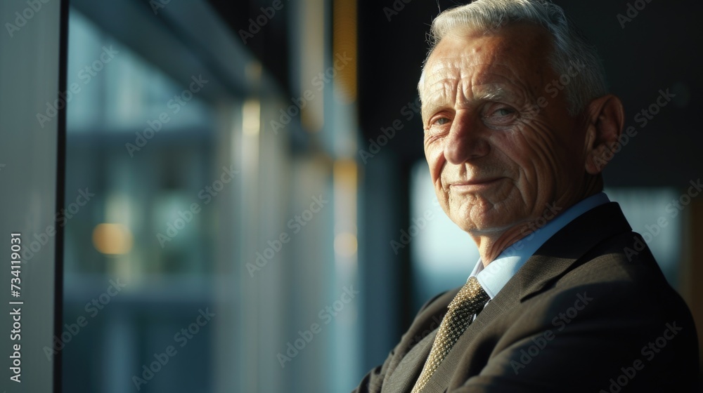 Poster a man in a suit and tie standing by a window, gazing outside. this image can be used to depict conce
