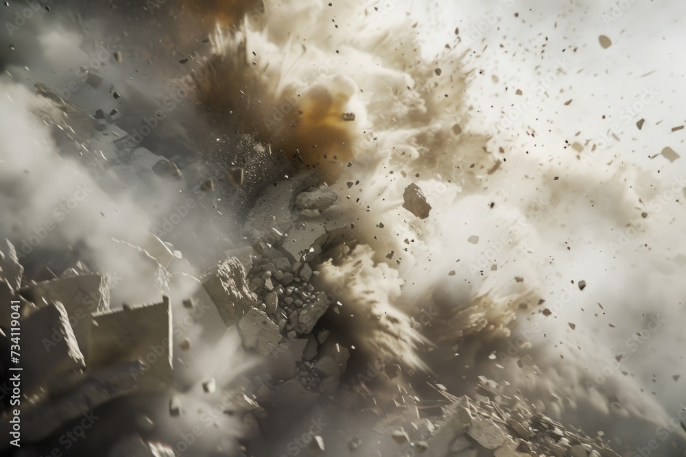 Poster a powerful explosion causes rocks and debris to be launched into the air.