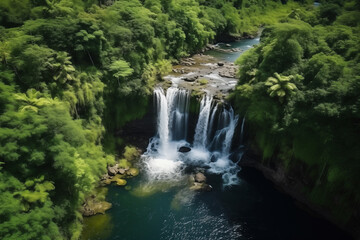 Fototapeta na wymiar Waterfall in a Tropical Forest, View From Above From Drone