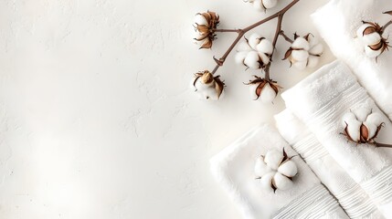 Minimalist cotton branches on white fabric. simple elegance, natural product concept, top view with space for text. AI