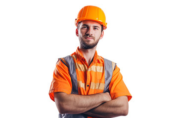 Smart young engineer building or constructor worker with safety uniform, vest and safety hat isolated on transparent background, planning project. - obrazy, fototapety, plakaty