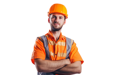 Smart young engineer building or constructor worker with safety uniform, vest and safety hat isolated on transparent background, planning project.