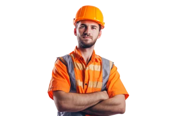 Foto op Canvas Smart young engineer building or constructor worker with safety uniform, vest and safety hat isolated on transparent background, planning project. © somsuda