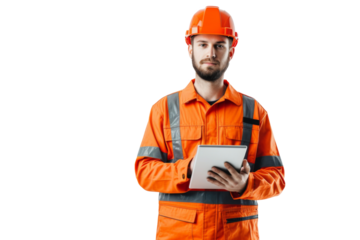 Smart young engineer building or constructor worker with safety uniform, vest and safety hat isolated on transparent background, planning project.