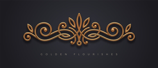 Realistic gold metal flourishes ornament. Luxury design element for invitation, menu, book cover. Vector illustration.