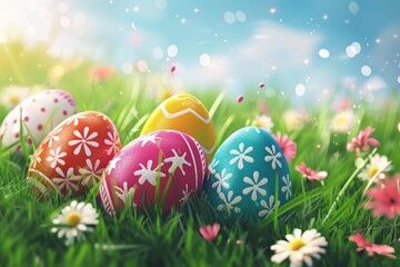 Fototapeta na wymiar Colorful Easter eggs sitting on top of a lush green field. Perfect for Easter-themed designs and celebrations