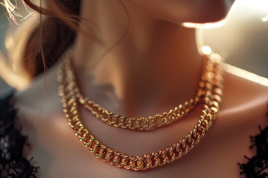A close-up of a woman wearing a gold chain necklace. This picture can be used to showcase jewelry or as a fashion accessory in promotional materials
