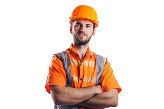 Smart young engineer building or constructor worker with safety uniform, vest and safety hat isolated on transparent background, planning project.