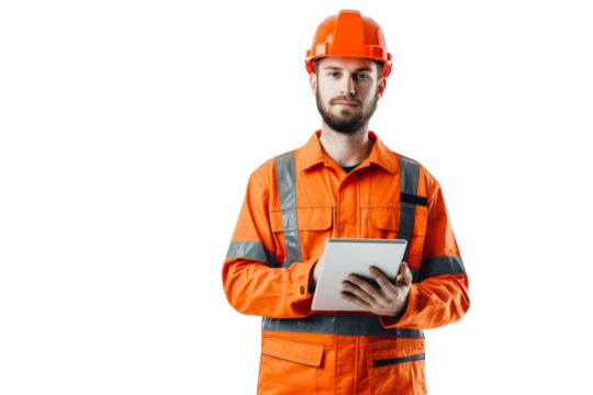 Smart young engineer building or constructor worker with safety uniform, vest and safety hat isolated on transparent background, planning project.
