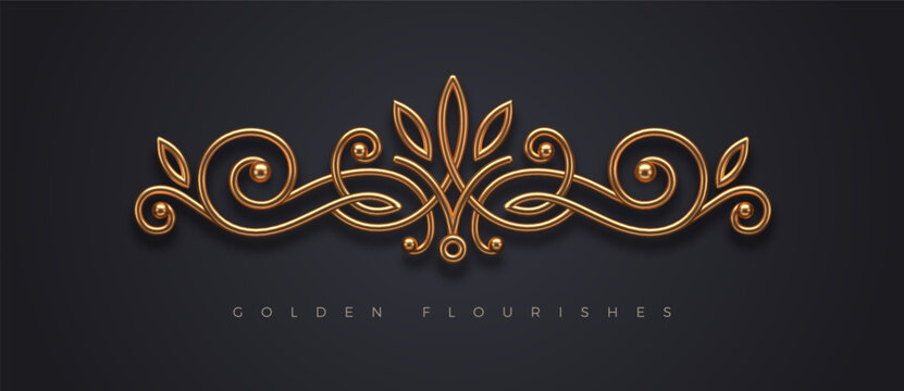 Realistic gold metal flourishes ornament. Luxury design element for invitation, menu, book cover. Vector illustration.
