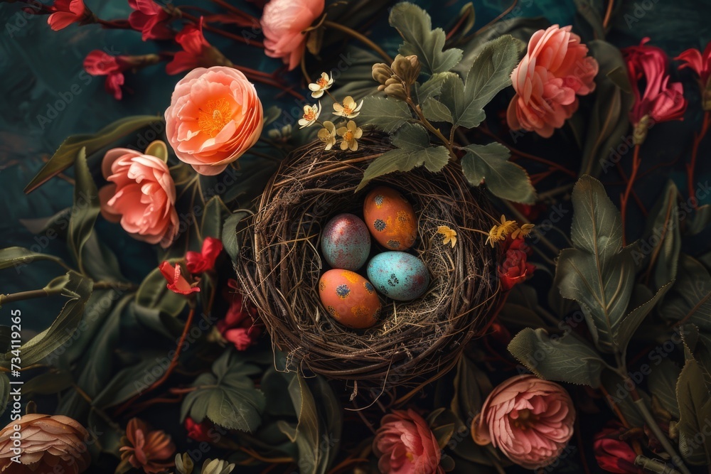 Poster A bird nest filled with eggs and adorned with colorful flowers. Perfect for nature-themed designs and springtime concepts