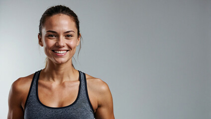 Fototapeta na wymiar woman wearing gym clothes stands confident smiling while looking at the camera on a clean background