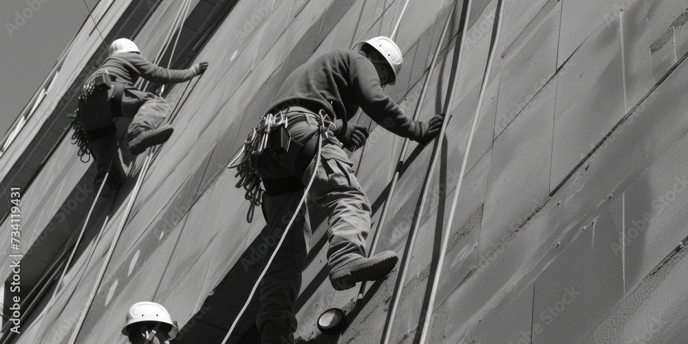Poster a group of men climbing up the side of a building. this image can be used to depict teamwork, determ