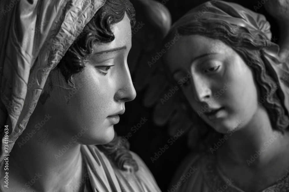 Poster a picture showcasing a statue of a woman and a statue of a man. perfect for architectural or art-rel