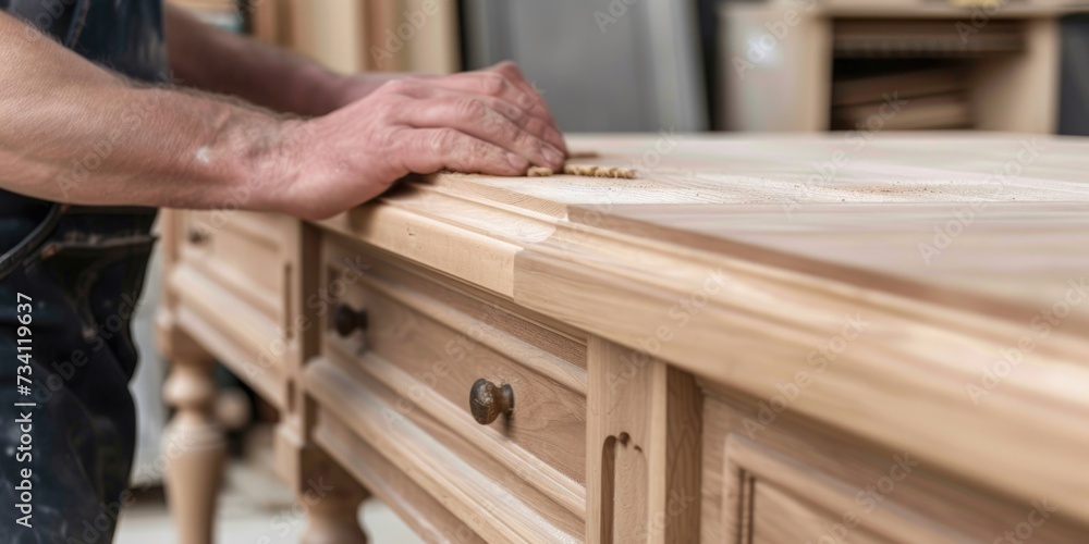 Poster a close-up view of a person diligently working on a table. this image can be used to depict producti