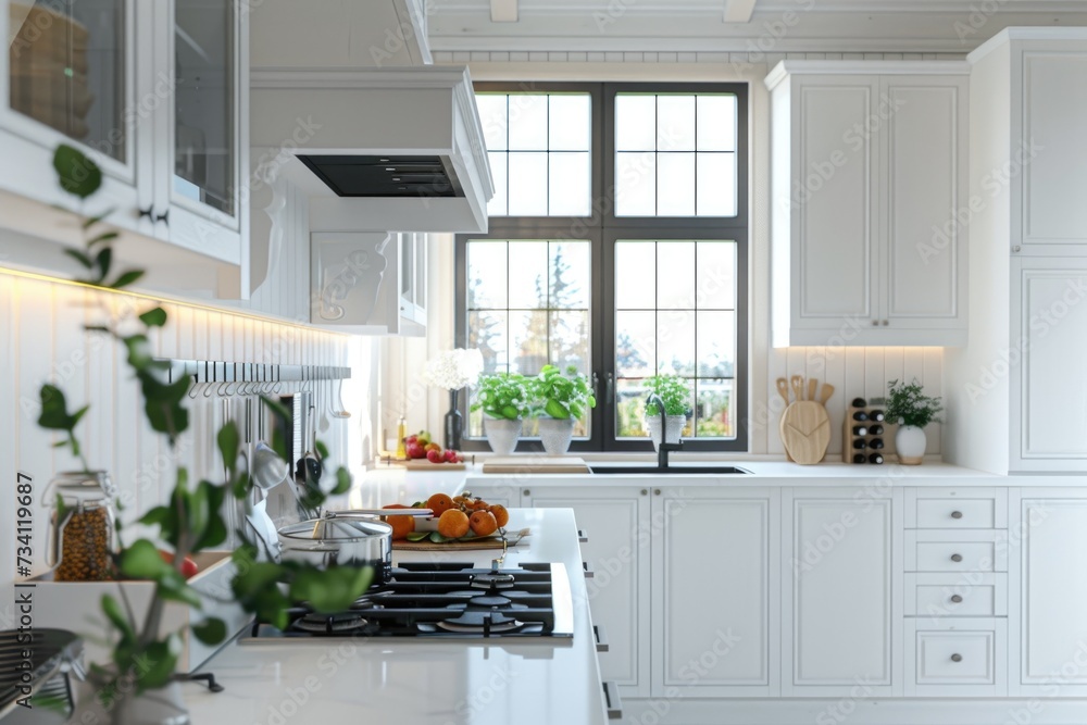 Poster a kitchen with white cabinets and a large window. perfect for showcasing natural light and creating 