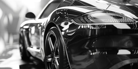 A black and white photo of a sports car. Suitable for automotive enthusiasts and car-related...