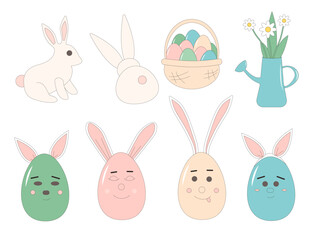 Easter eggs hunt isolated on white background. Cute mascots with basket and bunny. Vector flat with outline illustration on pastel color