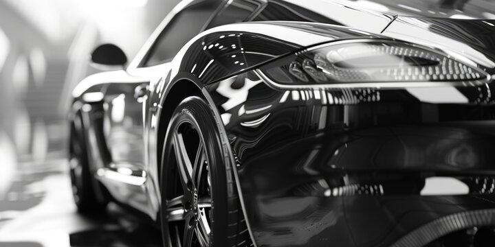 A black and white photo of a sports car. Suitable for automotive enthusiasts and car-related publications