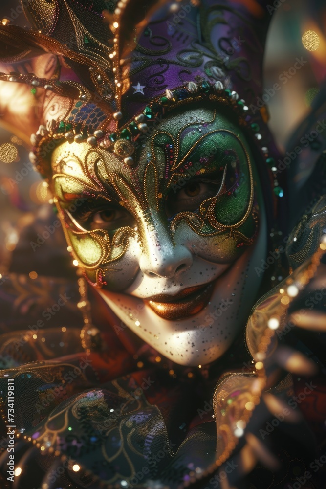Poster a detailed close-up of a person wearing a carnival mask. perfect for adding intrigue and mystery to 