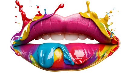 Rainbow Kiss Lips: Juicy female lips adorned in vibrant rainbow-colored lipstick, wet paint, 3D illustration isolated on a transparent background.