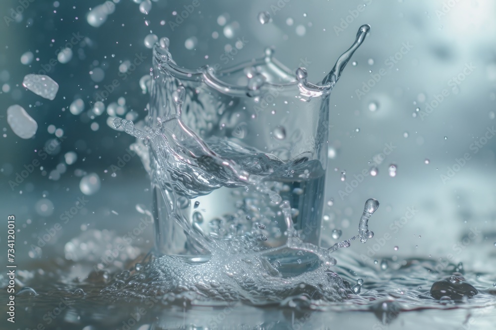 Poster a glass of water with a splash of water on it. suitable for health and hydration concepts