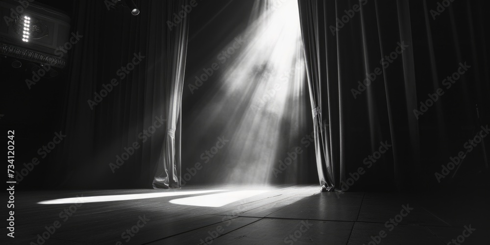 Poster a black and white photo capturing the beauty of light shining through a curtain. perfect for adding 