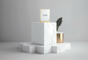 White marble podium with empty product display background. Minimal, modern, and luxurious aesthetic for cosmetic stand mockup or advertising. Generative AI