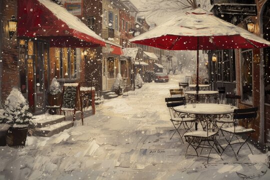 A painting of a snowy street with tables and umbrellas. Can be used for winter-themed designs or outdoor cafe scenes