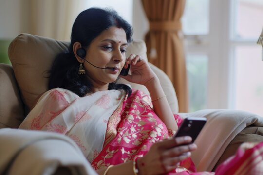 A woman sitting in a chair, engaged in a phone conversation. This image can be used to depict communication, technology, or a relaxed lifestyle
