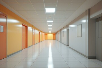 A vacant indoor space with a brightly lit hallway layout. Generative AI