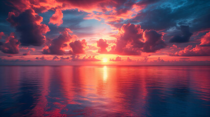Sunset over the sea, vibrant clouds at sunset hover over a serene sea, with colors ranging from deep blue to fiery red and orange - obrazy, fototapety, plakaty