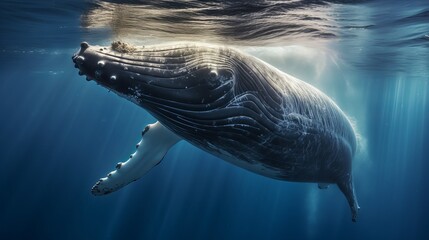 Naklejka premium A Baby Humpback Whale Plays Near the Surface in Blue Water