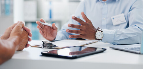 Hands, doctor and patient with clipboard for results, insurance paperwork and tablet for...