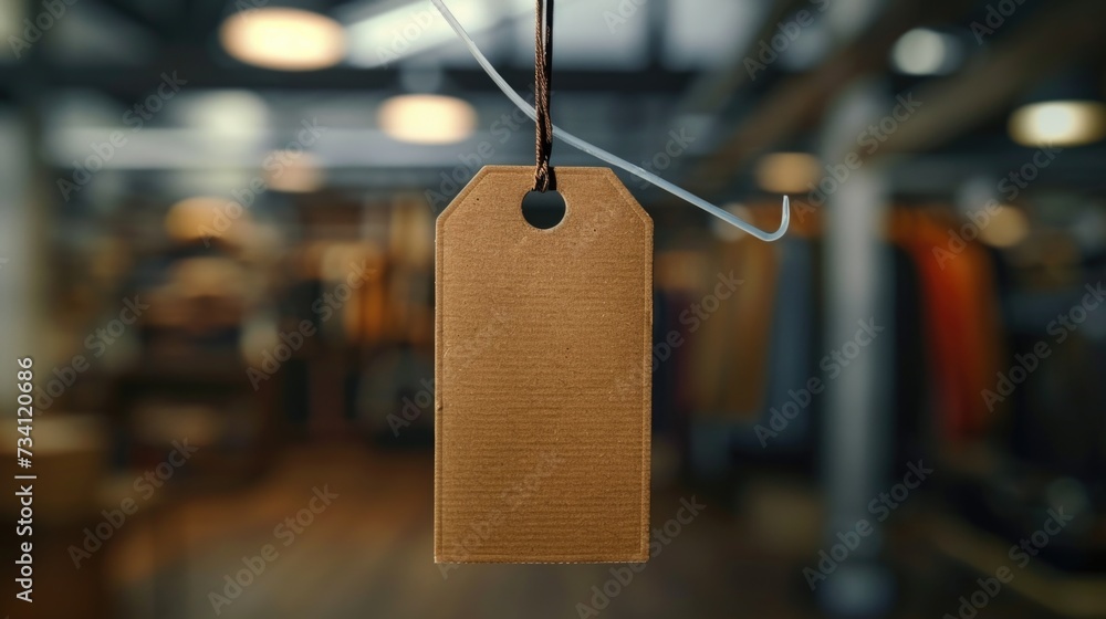 Poster A brown tag hanging from a string in a room. Perfect for labeling or organizing items