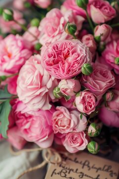 A beautiful bouquet of pink roses with a note attached. This image can be used to convey love, gratitude, or a special message